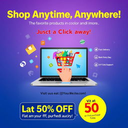 A vibrant and modern poster for an online shopping store