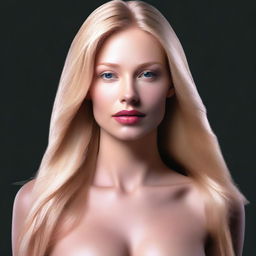 This is a high-quality, digitally rendered image of a full-bodied blonde woman with medium lips and long, straight hair