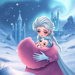 An illustration depicting a magical scene in a snowy kingdom