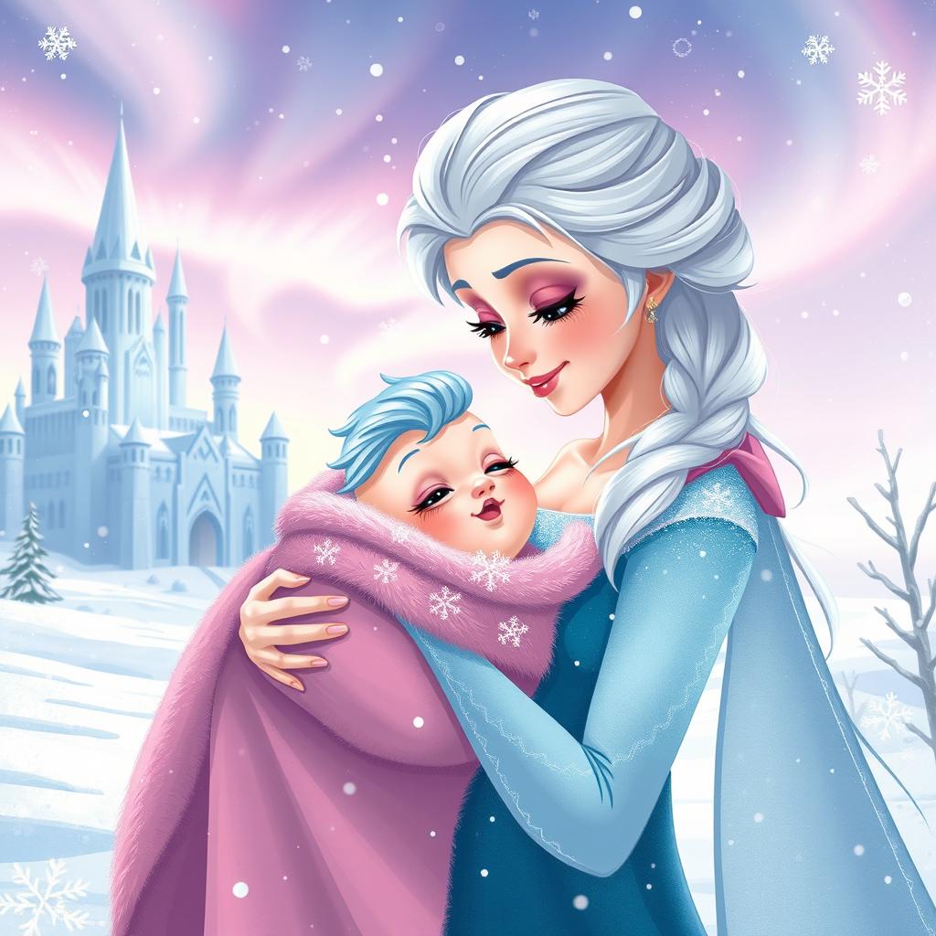 An illustration depicting a magical scene in a snowy kingdom