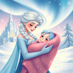 An illustration depicting a magical scene in a snowy kingdom