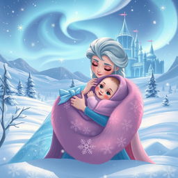 An illustration depicting a magical scene in a snowy kingdom