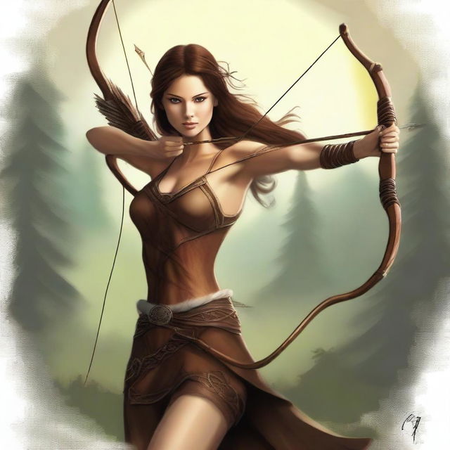 This digital art image captures a breathtakingly beautiful brown-haired goddess of archery taking aim at the Norse god of mischief