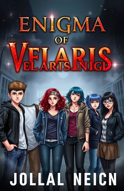 A captivating book cover for the novel titled "Enigma Of Velaris High" featuring six teenagers: two boys and four girls, each with unique styles and expressions