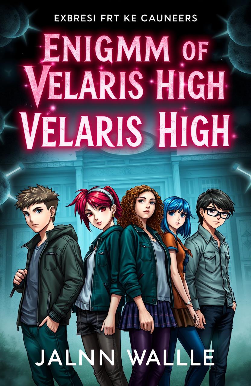 A captivating book cover for the novel titled "Enigma Of Velaris High" featuring six teenagers: two boys and four girls, each with unique styles and expressions