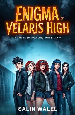 A captivating book cover for the novel titled "Enigma Of Velaris High" featuring six teenagers: two boys and four girls, each with unique styles and expressions