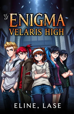 A captivating book cover for the novel titled "Enigma Of Velaris High" featuring six teenagers: two boys and four girls, each with unique styles and expressions
