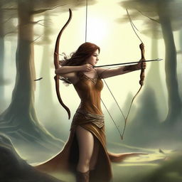 This digital art image captures a breathtakingly beautiful brown-haired goddess of archery taking aim at the Norse god of mischief