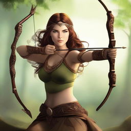 This digital art image captures a breathtakingly beautiful brown-haired goddess of archery taking aim at the Norse god of mischief