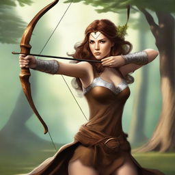 This digital art image captures a breathtakingly beautiful brown-haired goddess of archery taking aim at the Norse god of mischief