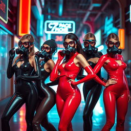 Four slim girls in sleek black and red glossy latex suits, each wearing a distinct gas mask