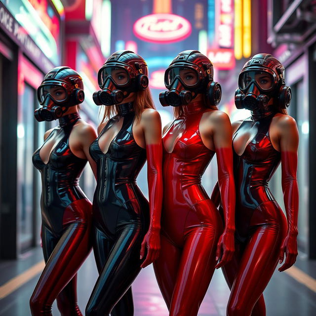 Four slim girls in sleek black and red glossy latex suits, each wearing a distinct gas mask