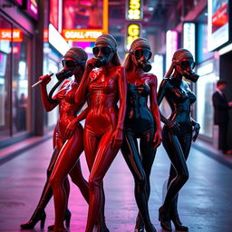 Four slim girls in sleek black and red glossy latex suits, each wearing a distinct gas mask