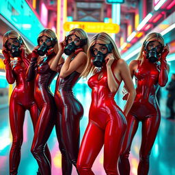 Four slim girls in sleek black and red glossy latex suits, each wearing a distinct gas mask