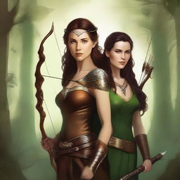 This high-quality digital art image features a breathtakingly beautiful brown-haired goddess of archery alongside the Norse god of mischief, Loki