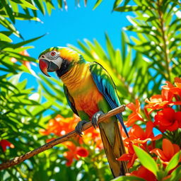 A vibrant, lively parrot perched on a colorful tropical tree branch, surrounded by lush green foliage and bright flowers