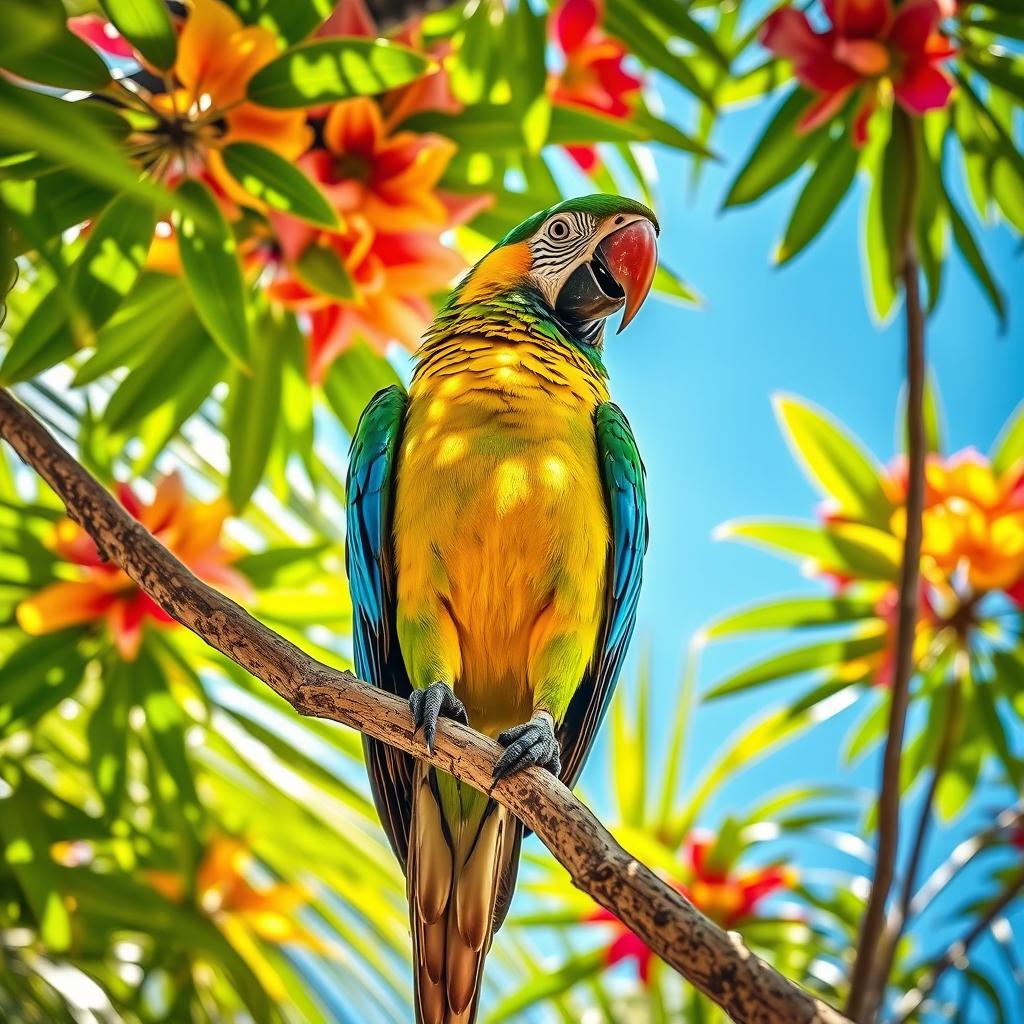 A vibrant, lively parrot perched on a colorful tropical tree branch, surrounded by lush green foliage and bright flowers