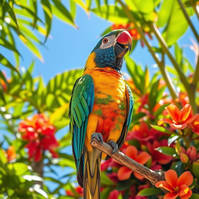 A vibrant, lively parrot perched on a colorful tropical tree branch, surrounded by lush green foliage and bright flowers