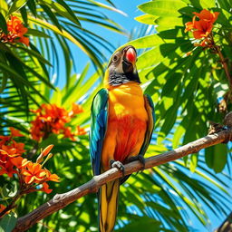 A vibrant, lively parrot perched on a colorful tropical tree branch, surrounded by lush green foliage and bright flowers