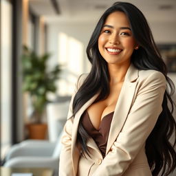 A beautiful 26-year-old Filipina businesswoman with large breasts, relaxed and alluringly playful demeanor