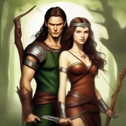 This high-quality digital art image features a breathtakingly beautiful brown-haired goddess of archery alongside the Norse god of mischief, Loki