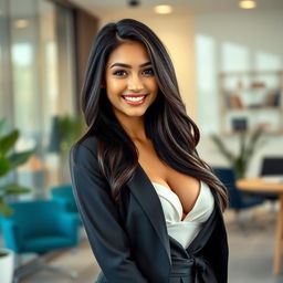 A beautiful 26-year-old Filipina businesswoman with large breasts, relaxed and alluringly playful demeanor
