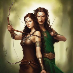 This high-quality digital art image features a breathtakingly beautiful brown-haired goddess of archery alongside the Norse god of mischief, Loki