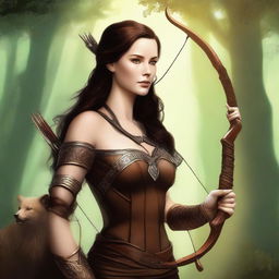 This high-quality digital art image features a breathtakingly beautiful brown-haired goddess of archery alongside the Norse god of mischief, Loki