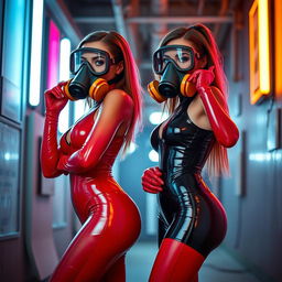 Two hot slim girls with voluptuous figures, each adorned in black and red tight glossy latex suits, wearing stylish gas masks