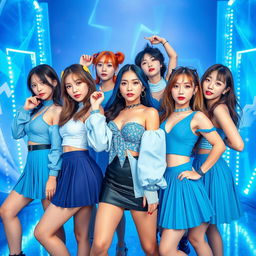 A vibrant and energetic concept photo for a K-pop girl group featuring 6 stunning members