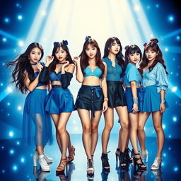 A vibrant and energetic concept photo for a K-pop girl group featuring 6 stunning members