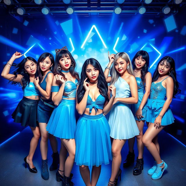 A vibrant and energetic concept photo for a K-pop girl group featuring 6 stunning members