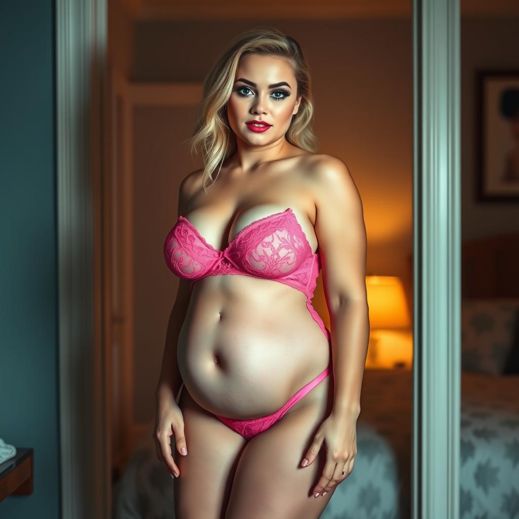 A beautiful, hot, and athletic voluptuous young woman with a thin face and blonde hair stands in the doorway of a cozy bedroom