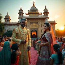 A royal scene in the grand Singarh palace, where the king and queen are meeting their people
