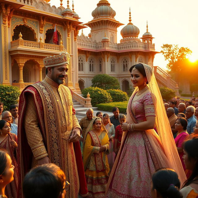 A royal scene in the grand Singarh palace, where the king and queen are meeting their people