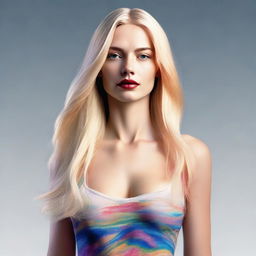 A high-resolution digital art image portrays a blonde woman with medium lips and long, straight hair