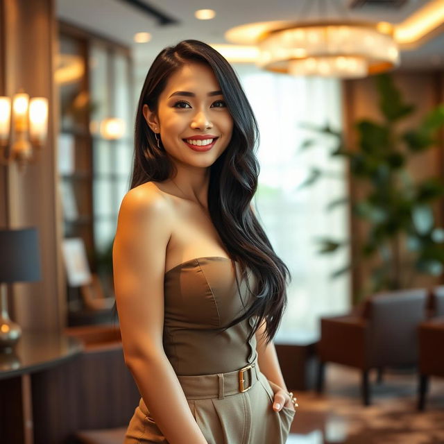 A beautiful 26-year-old Filipina businesswoman with large breasts, relaxed and playfully seductive demeanor