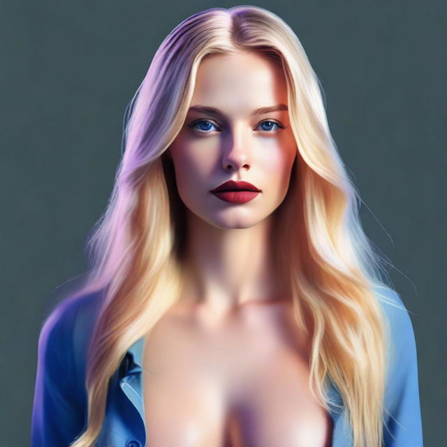 A high-resolution digital art image portrays a blonde woman with medium lips and long, straight hair