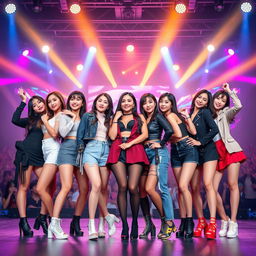 A vibrant Kpop girl group consisting of 7 diverse and stylish members, showcasing a perfect blend of unique personalities and fashion styles