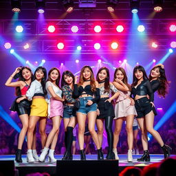 A vibrant Kpop girl group consisting of 7 diverse and stylish members, showcasing a perfect blend of unique personalities and fashion styles