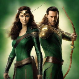 This digital art image showcases a breathtakingly beautiful brown-haired goddess of archery alongside Loki, the god of mischief from the Marvel Cinematic Universe (MCU)