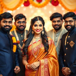 A beautiful Indian woman exuding confidence and charm, surrounded by multiple handsome men dressed in elegant traditional attire