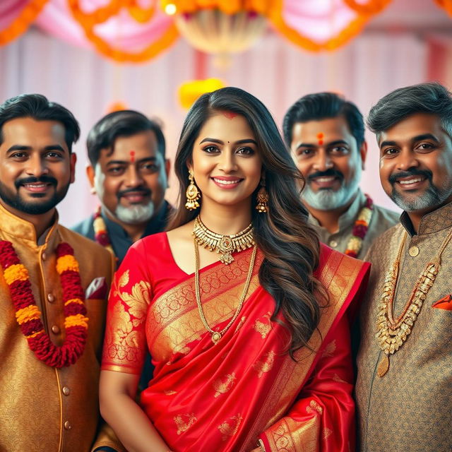 A beautiful Indian woman exuding confidence and charm, surrounded by multiple handsome men dressed in elegant traditional attire