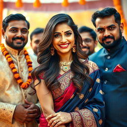 A beautiful Indian woman exuding confidence and charm, surrounded by multiple handsome men dressed in elegant traditional attire