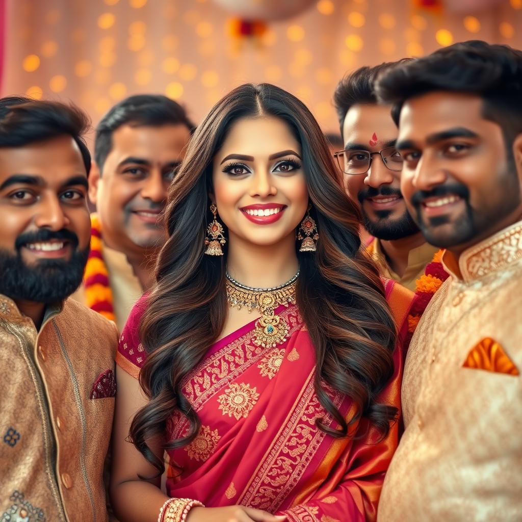 A beautiful Indian woman exuding confidence and charm, surrounded by multiple handsome men dressed in elegant traditional attire