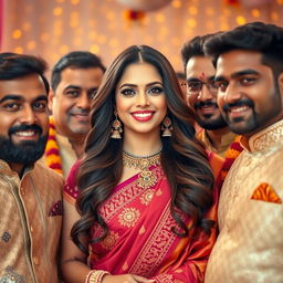 A beautiful Indian woman exuding confidence and charm, surrounded by multiple handsome men dressed in elegant traditional attire