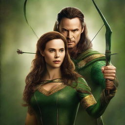 This digital art image showcases a breathtakingly beautiful brown-haired goddess of archery alongside Loki, the god of mischief from the Marvel Cinematic Universe (MCU)