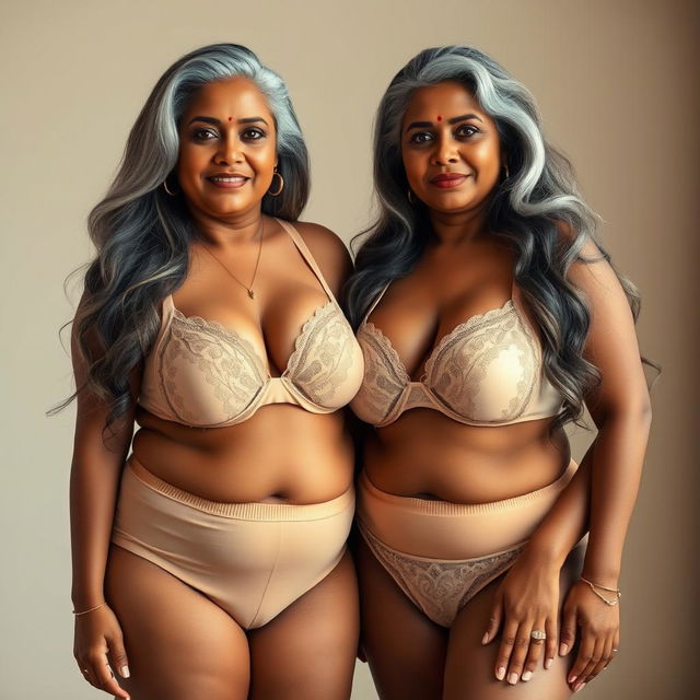 Two striking dusky Indian women, both aged 60 and embodying elegance, stand confidently side by side in a full front view