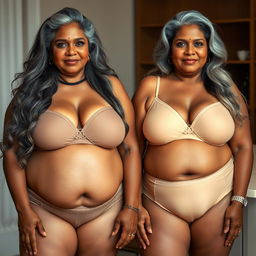 Two striking dusky Indian women, both aged 60 and embodying elegance, stand confidently side by side in a full front view