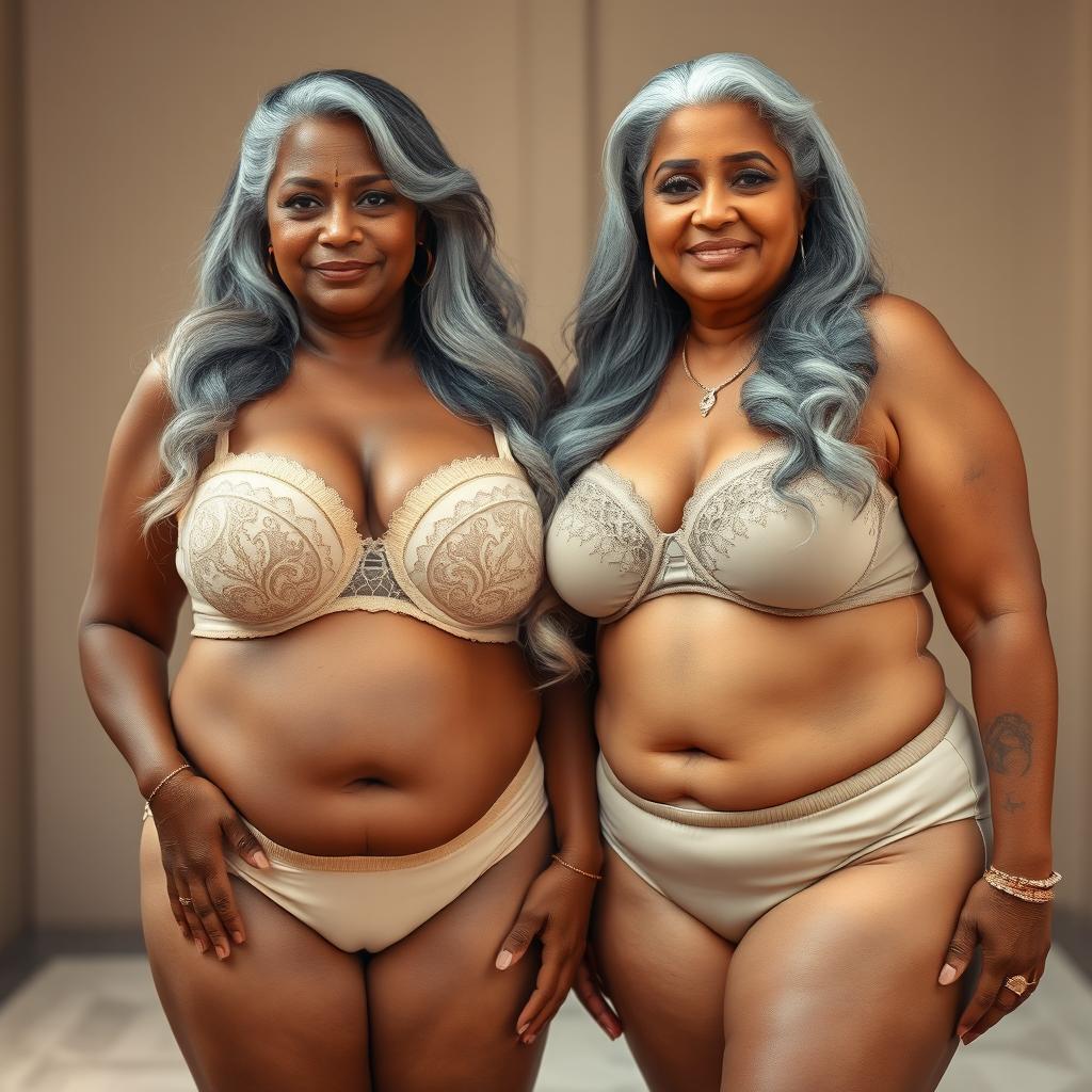 Two striking dusky Indian women, both aged 60 and embodying elegance, stand confidently side by side in a full front view
